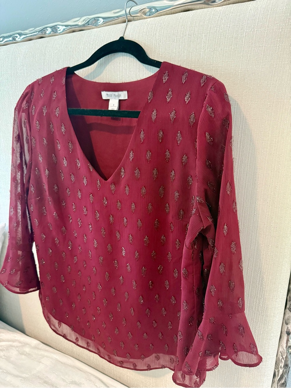White House Black Market Burgundy Metallic Dot V-Neck Blouse